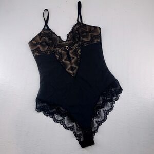 Pinsy XL | Black Lace Trim Thong Bodysuit Shapewear Lingerie Slimming Womens